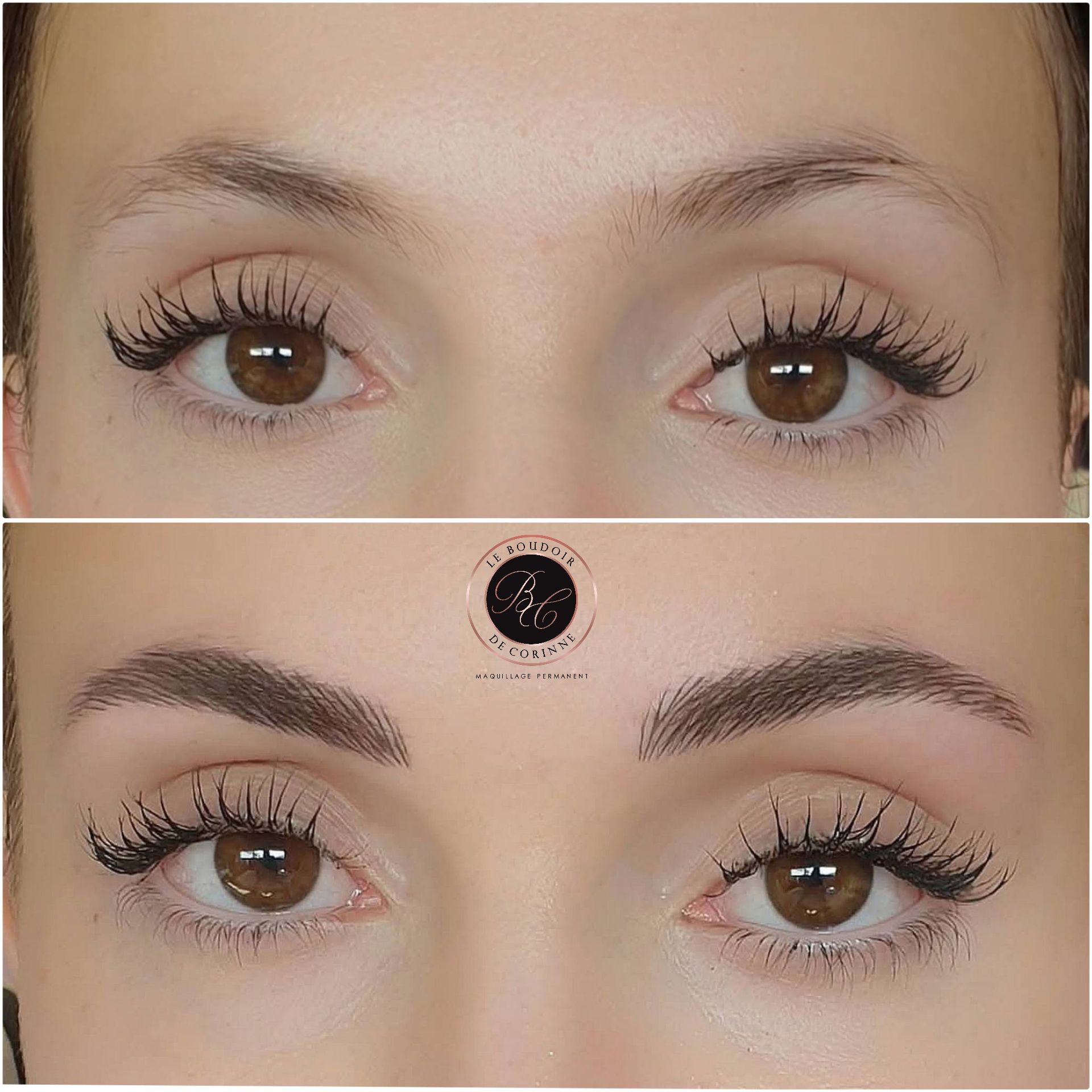 Gros plans côte à côte des yeux et des sourcils, montrant l'avant et l'après maquillage et rehaussement des cils