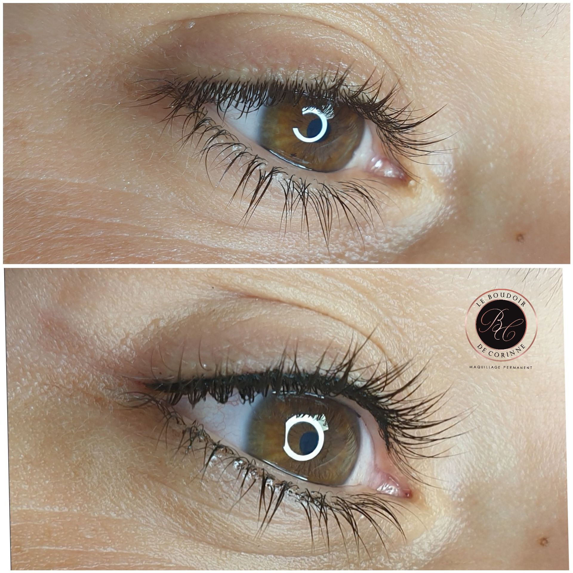 Gros plan avant/après d'un œil marron avec eyeliner et faux cils, montrant un reflet annulaire plus lumineux