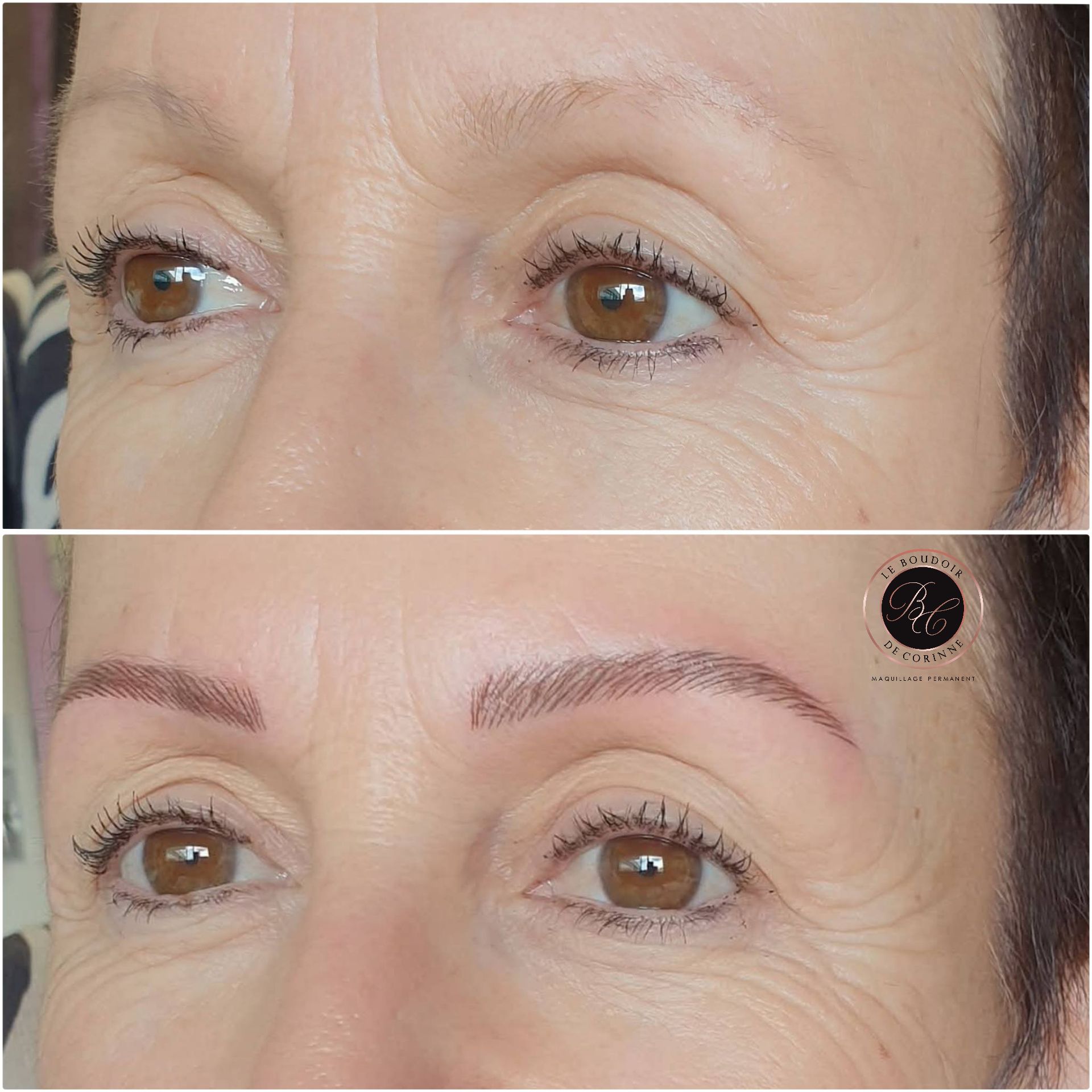 Gros plan avant/après des yeux montrant des sourcils redessinés et remplis ainsi qu'une amélioration du trait d'eye-liner