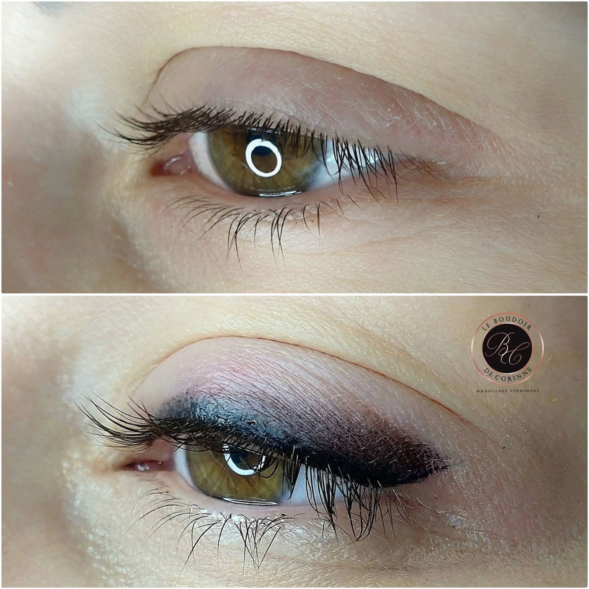 Gros plan sur un œil noisette maquillé avec un trait d'eyeliner et un fard à paupières irisé, avant et après l'application du maquillage.