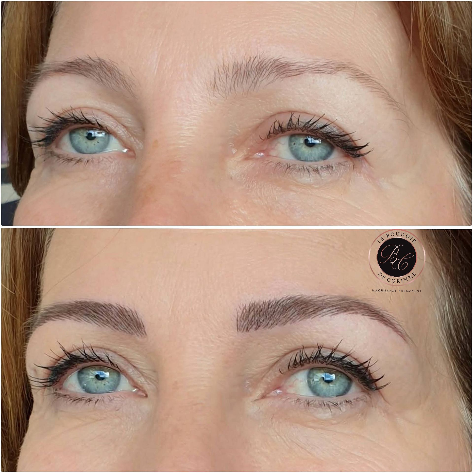 Gros plan sur des yeux bleus avant et après maquillage des sourcils, avec des sourcils plus fournis et plus foncés sur l'image du bas.