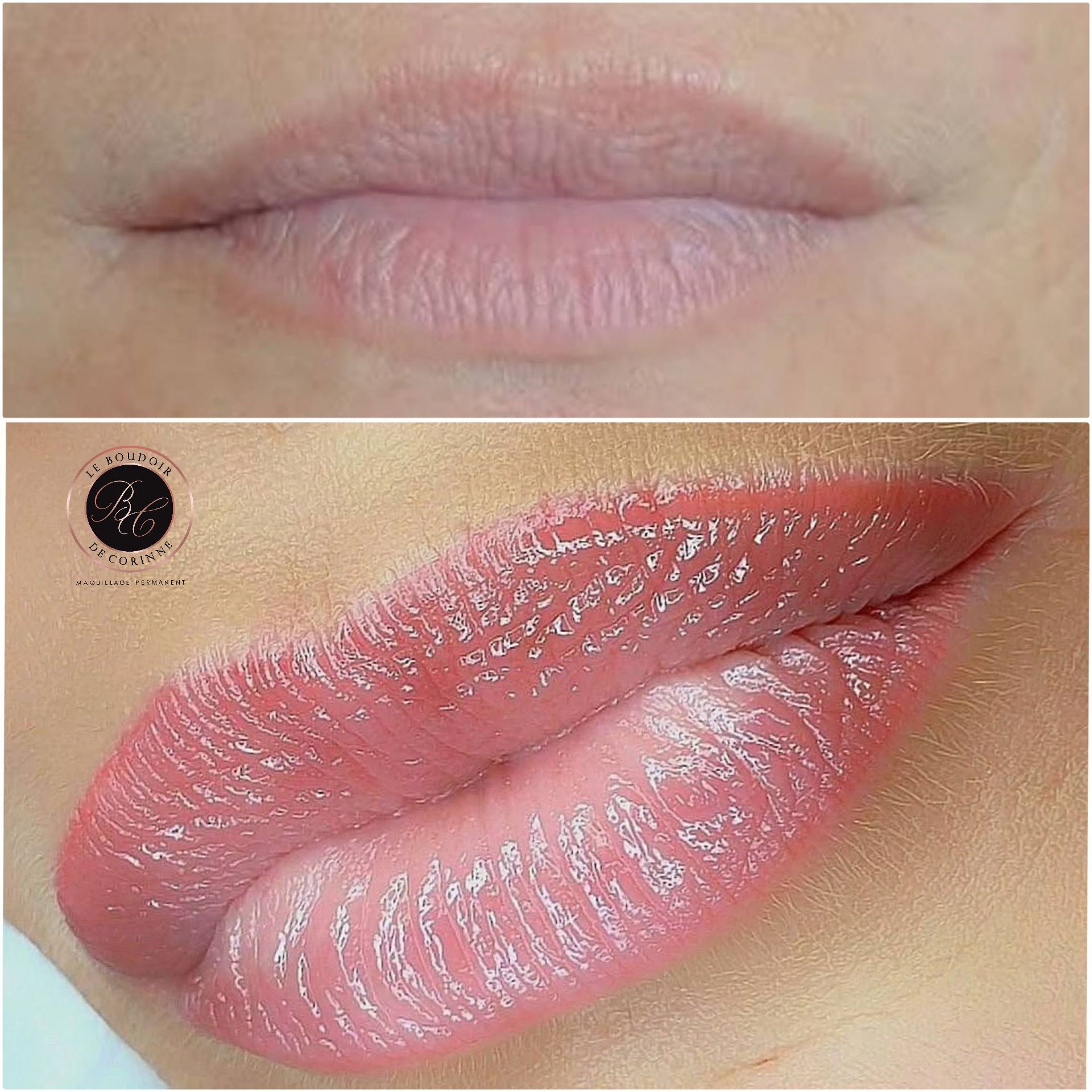 Gros plan sur les lèvres avant et après l'application d'un rouge à lèvres rose brillant, montrant un rendu naturel et sophistiqué.