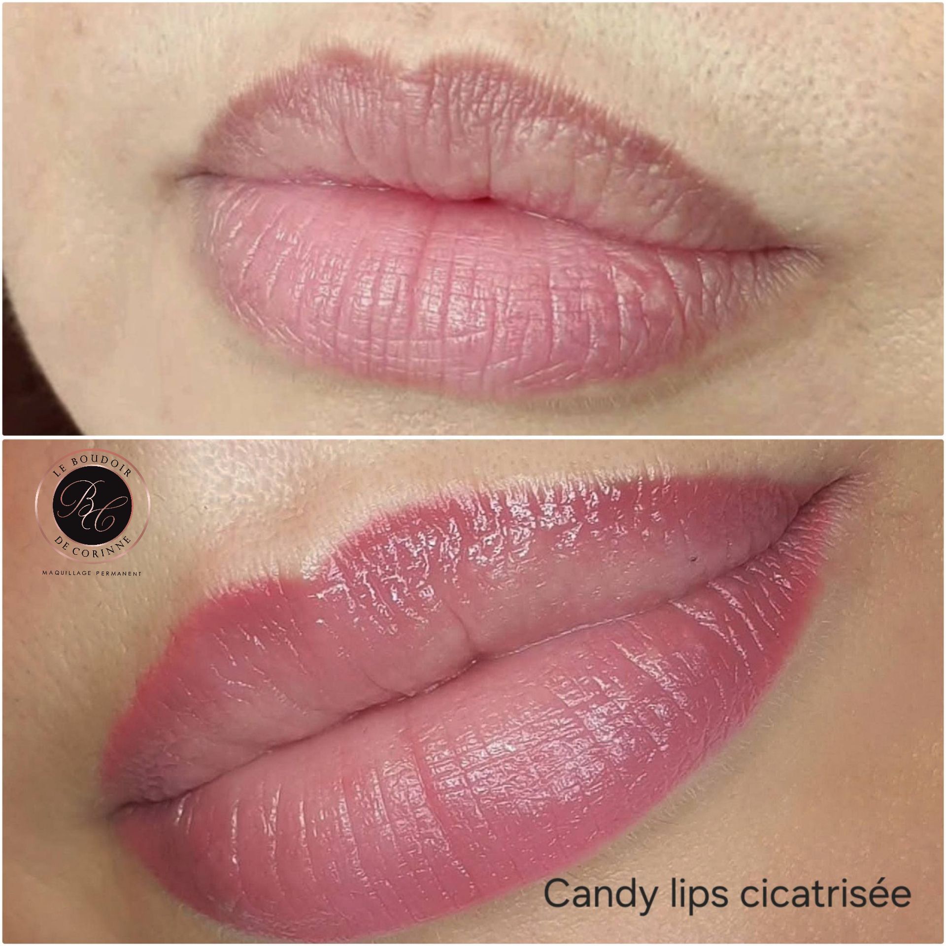 Gros plan sur des lèvres roses brillantes avant et après l'application d'une teinture rose bonbon.