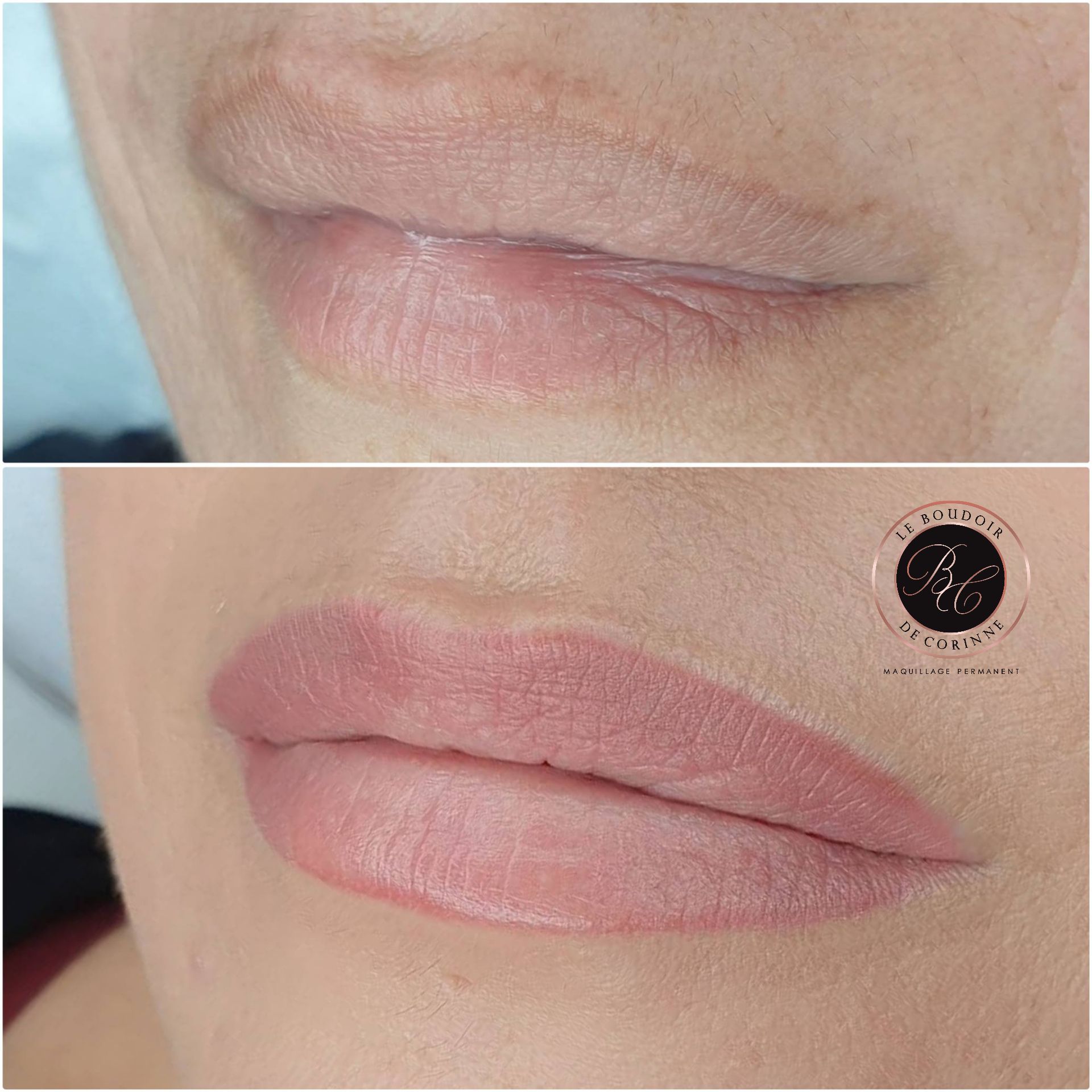 Gros plan avant/après des lèvres maquillées avec un maquillage rose nude mat : en haut, lèvres naturelles ; en bas, maquillage final.