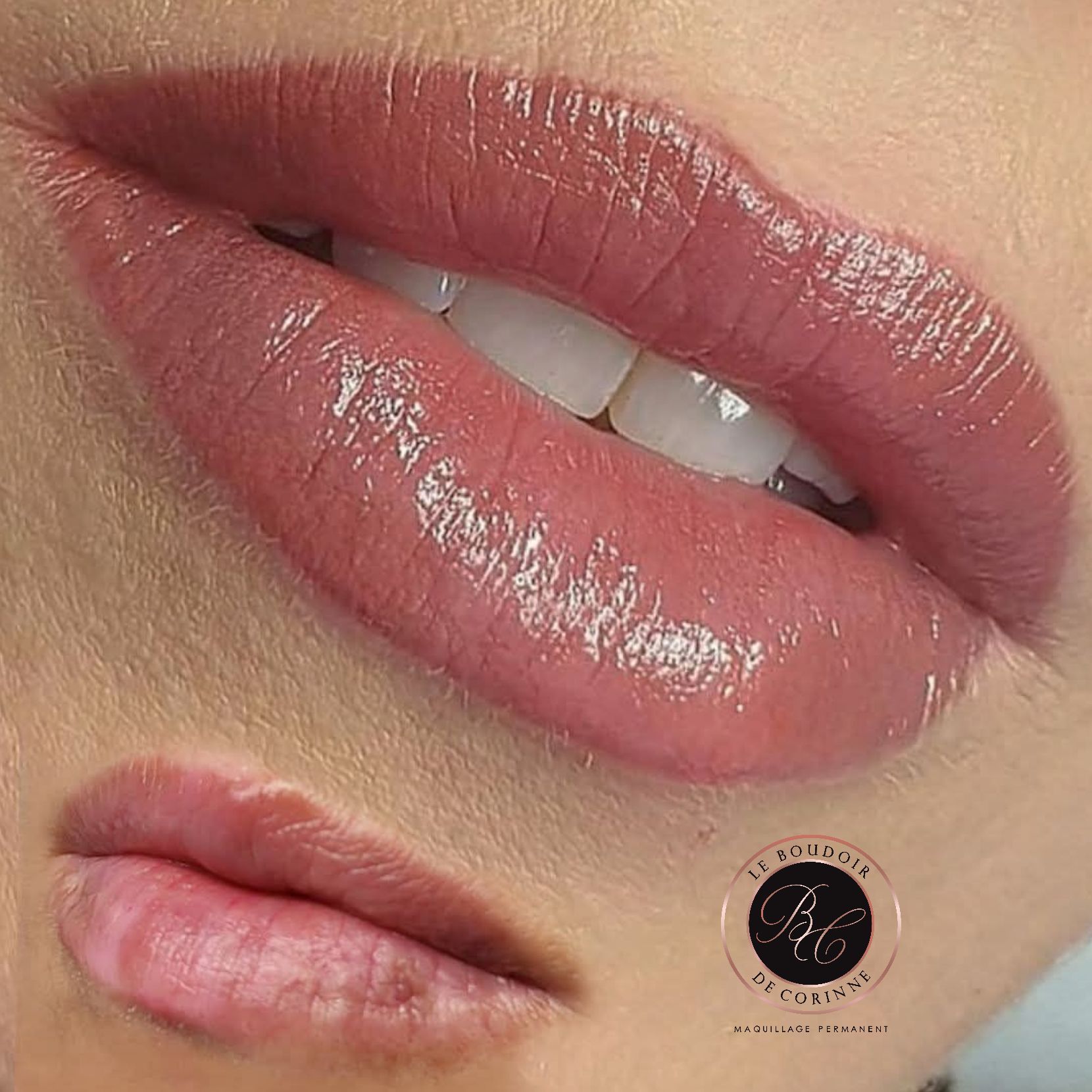 Gros plan sur des lèvres roses brillantes, avec un petit encart montrant les mêmes lèvres sous un angle différent.