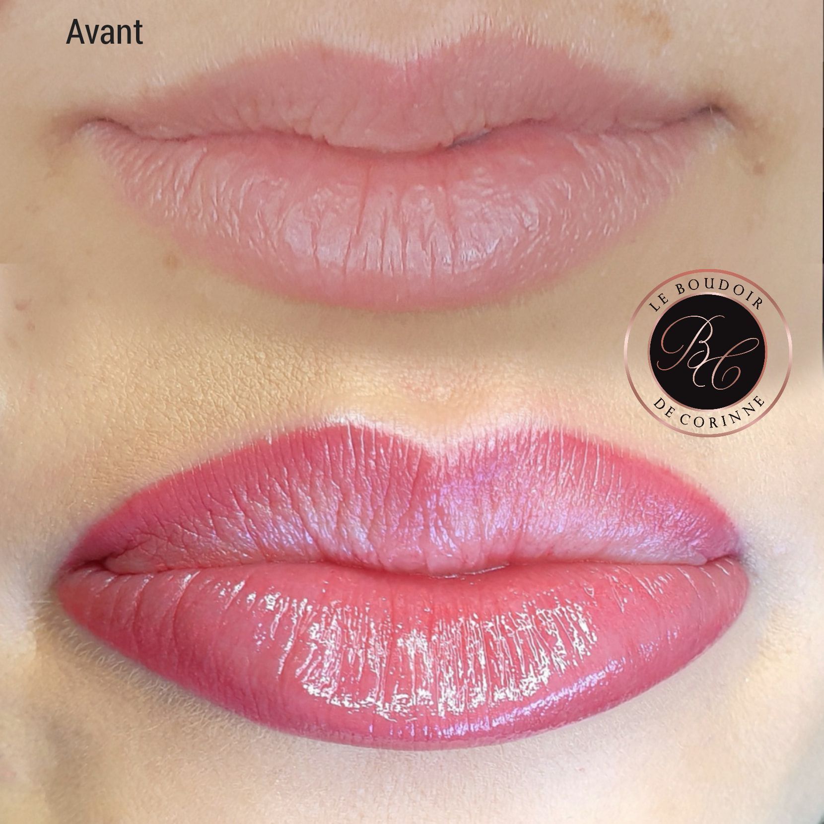 Lèvres avec du gloss après un maquillage permanent des lèvres