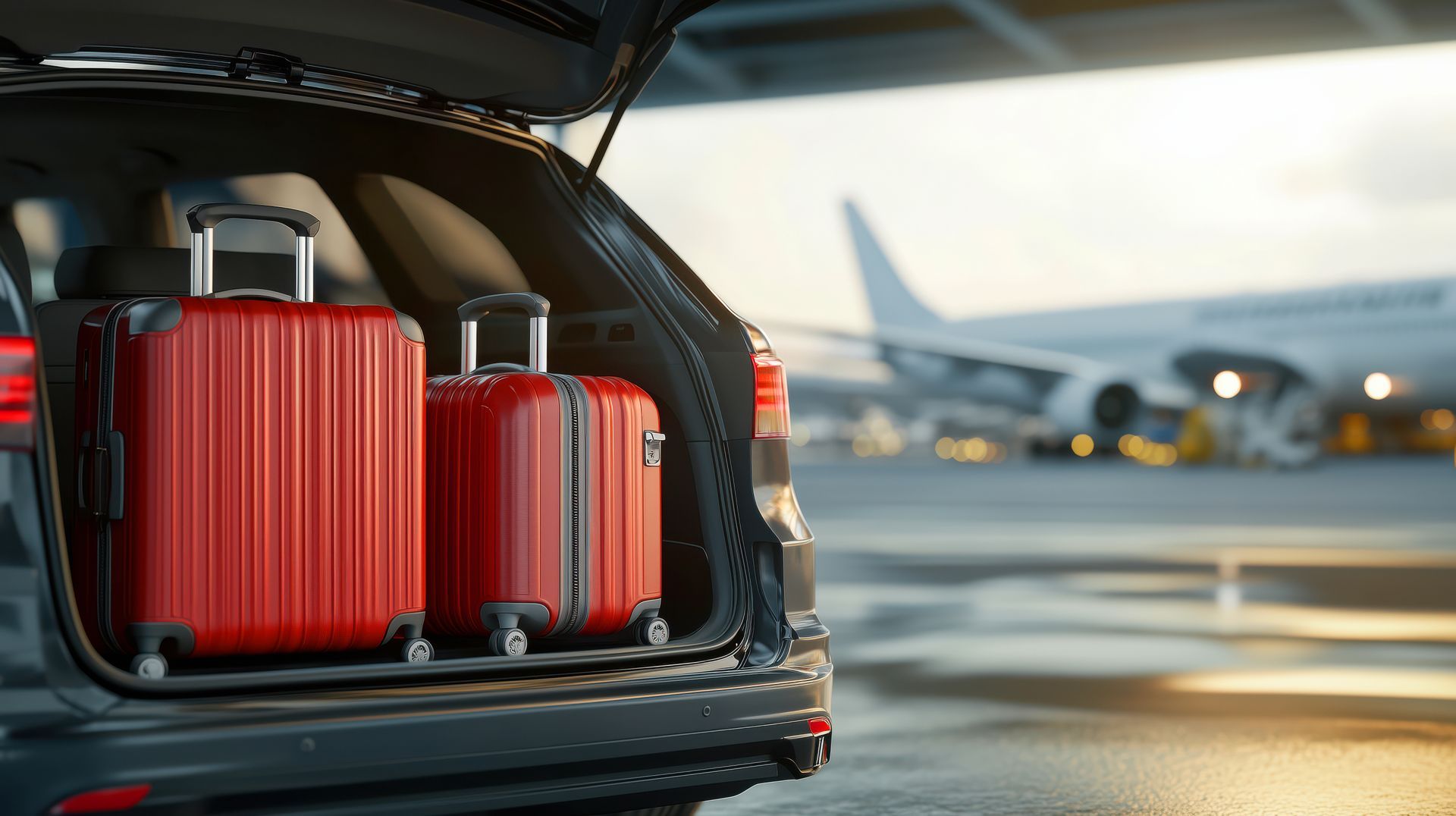 Des valises rouges dans le coffre ouvert d'une voiture, sur le tarmac d'un aéroport, avec des avions en arrière-plan.