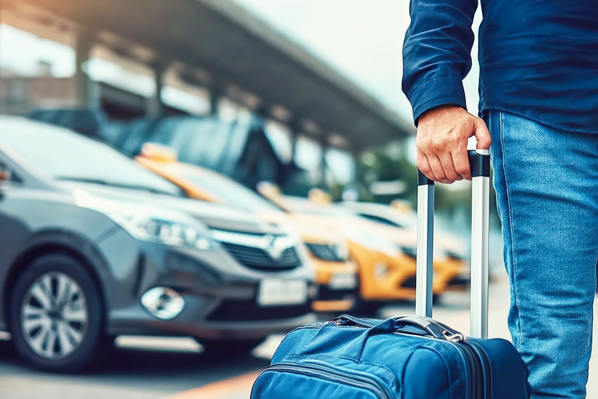 Un voyageur tire une valise bleue à côté de voitures garées sur le trottoir d'un aéroport.