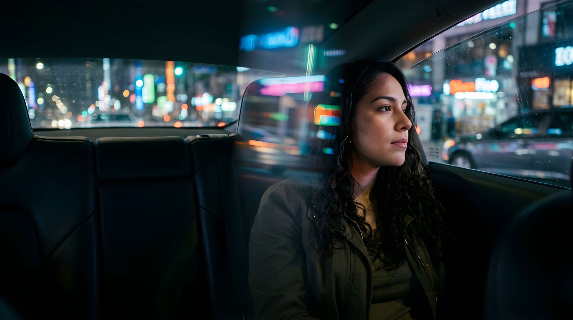 Une femme assise dans une voiture la nuit, regardant les lumières floues de la ville.