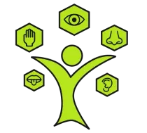 Persona con los brazos extendidos, rodeada de iconos que representan los sentidos: vista, tacto, olfato, gusto y oído. Verde y negro.