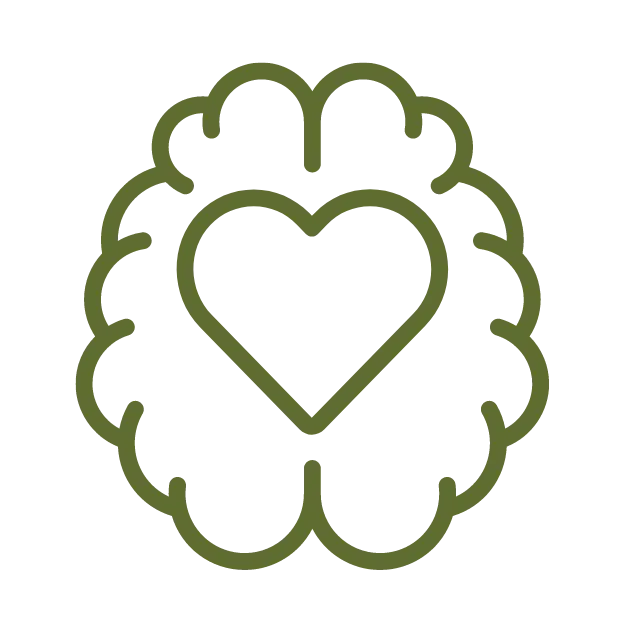 Contorno verde de un cerebro con un corazón en el centro, que simboliza el bienestar mental y emocional.