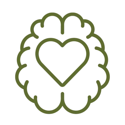 Contorno verde de un cerebro con un corazón en el centro, que simboliza el bienestar mental y emocional.