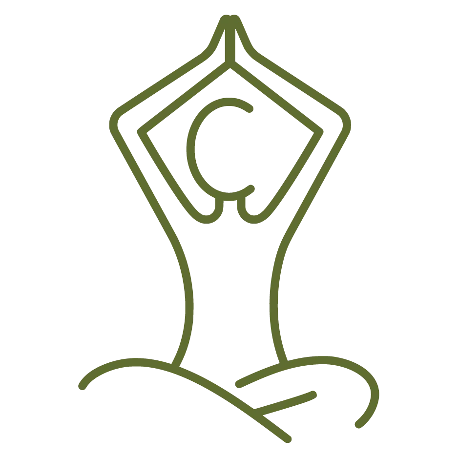 Dibujo lineal de color verde oliva de una persona en una pose de yoga sentada, con las manos en oración hacia arriba.