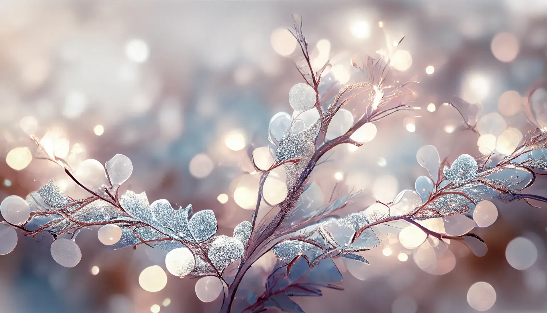 Ramas cubiertas de hielo con luces de enfoque suave, evocando un paraíso invernal.