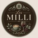 Logotipo circular de una cafetería con la inscripción “Los Milli”, que muestra una taza de café