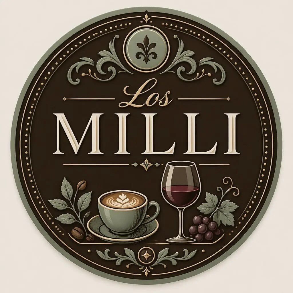 Logotipo circular de una cafetería con la inscripción “Los Milli”, que muestra una taza de café