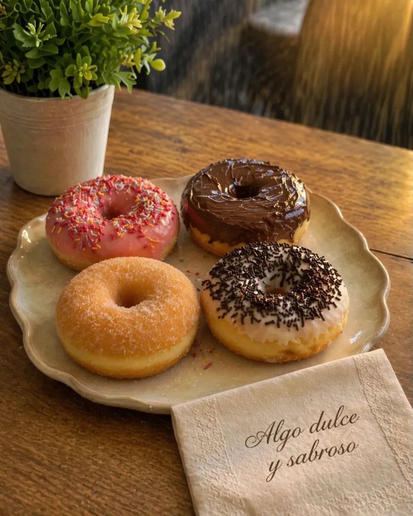 Cuatro rosquillas variadas en un plato junto a una pequeña planta en maceta sobre una mesa de madera.