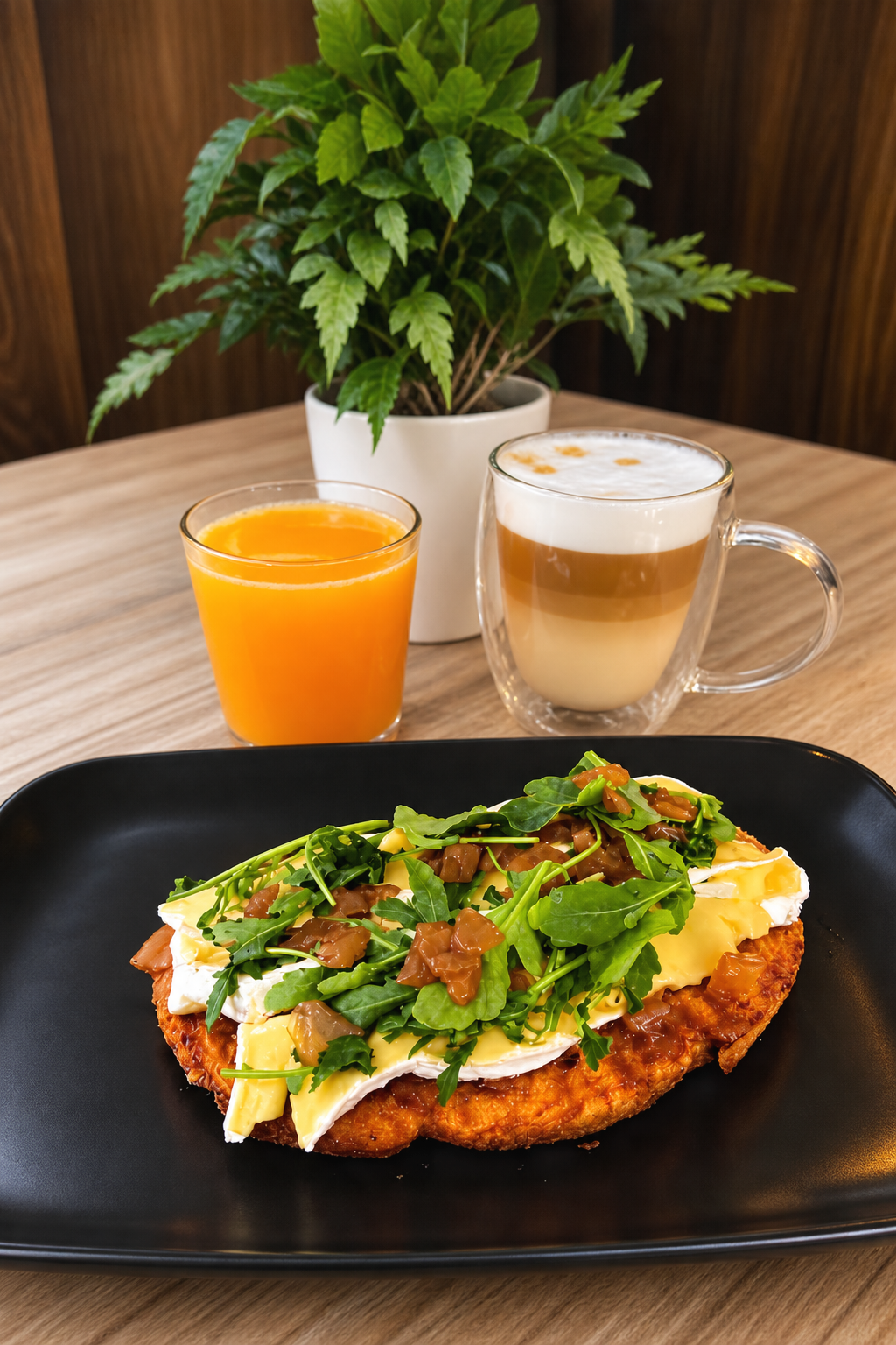 Plato de desayuno con pan plano, zumo de naranja, café con leche y una planta en maceta sobre una mesa.