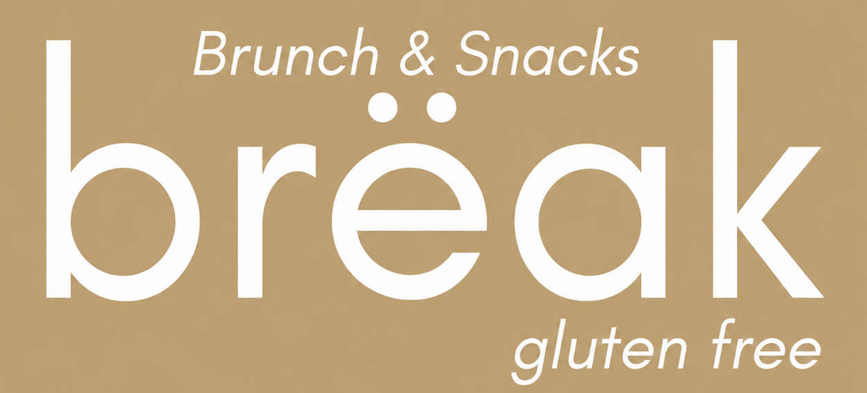 Tan logo beige and white de “break” con “Brunch & Snacks” y “gluten free”