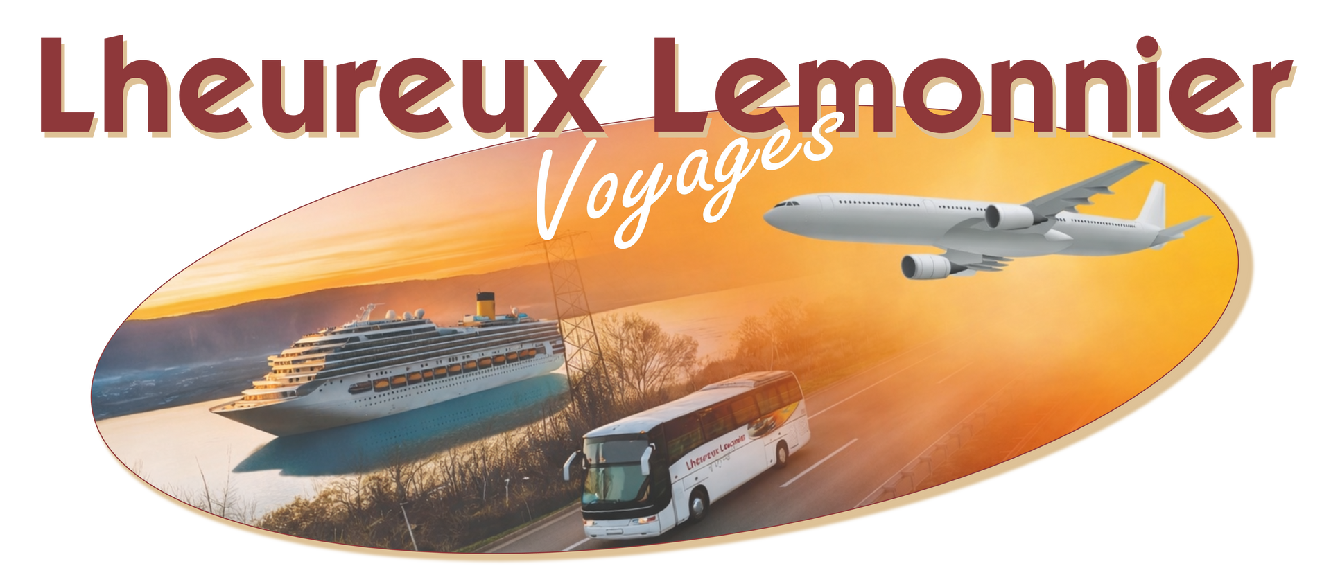 Un bus et un ferry sur le rivage au cr&eacute;puscule, avec un avion en silhouette volant vers le soleil couchant dans un cadre ovale.