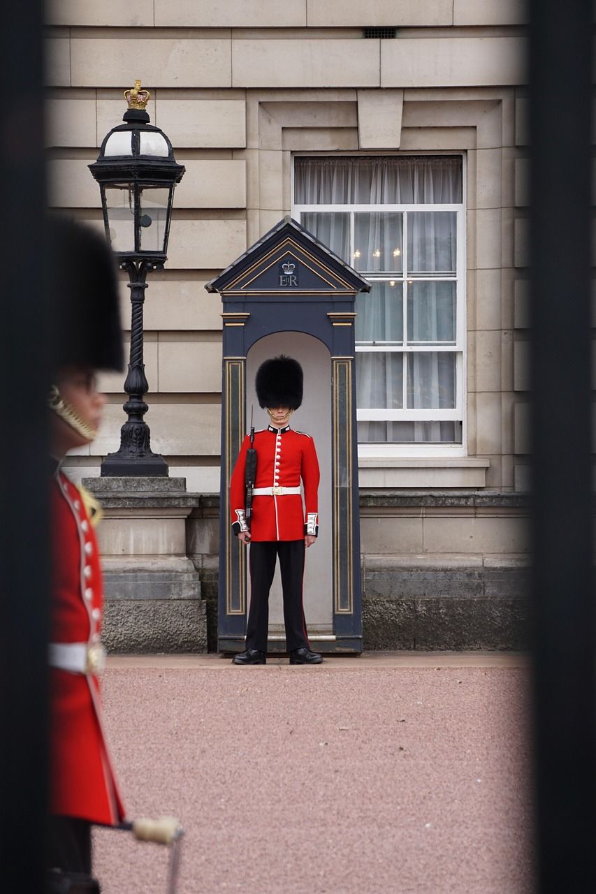 Un garde de la Reine se tient dans une guérite au palais de Buckingham, un autre garde étant partiellement visible au premier plan.