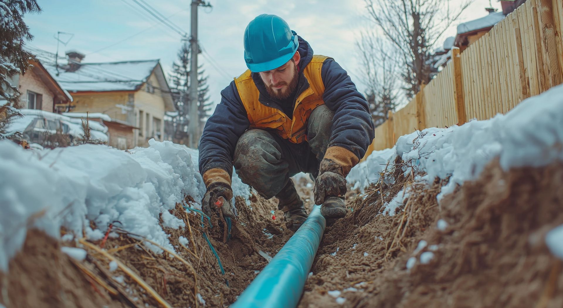 Ein Mann arbeitet im Schnee an einem Rohr.