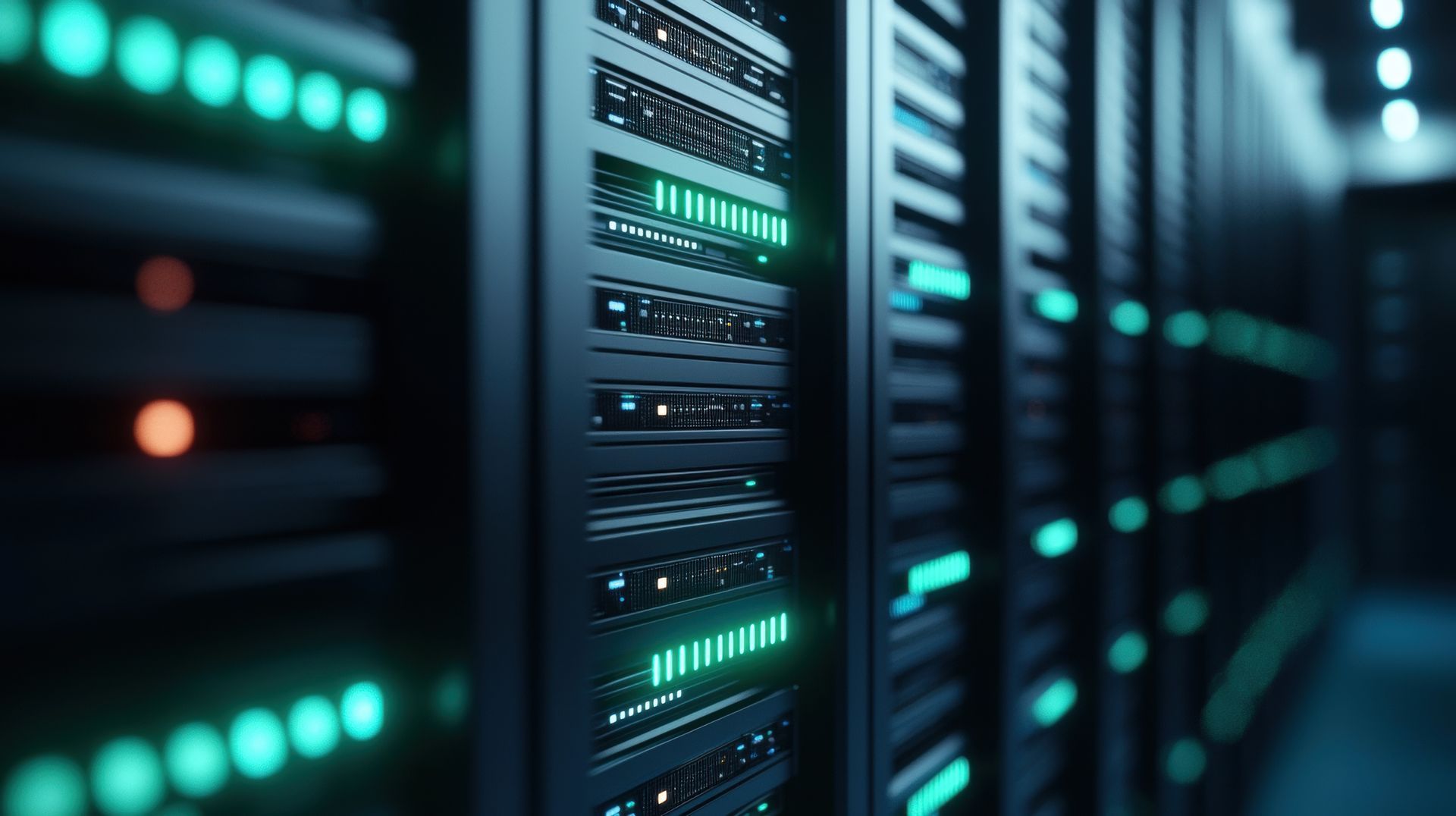 Eine Reihe von Servern in einem Rechenzentrum mit grünen Lichtern.