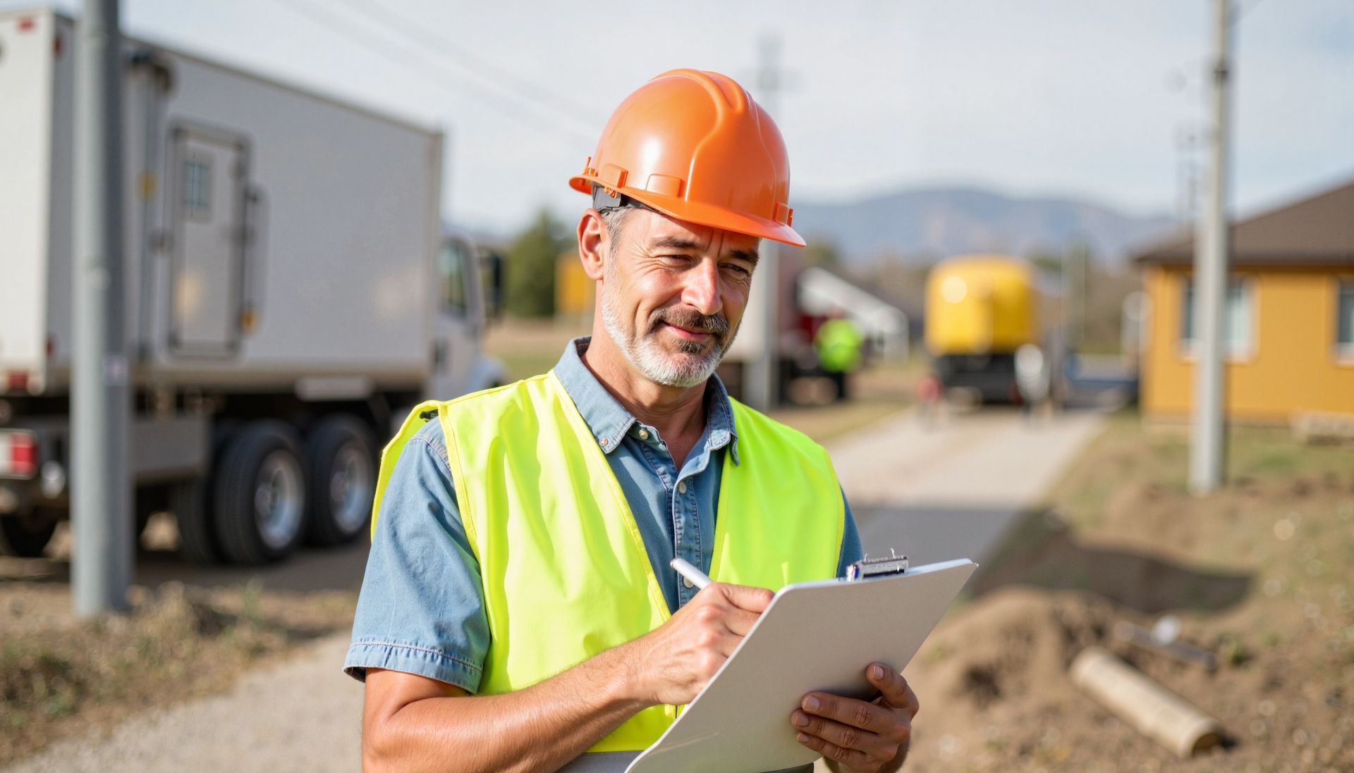 Ein Bauarbeiter schreibt auf einer Baustelle auf einem Klemmbrett.