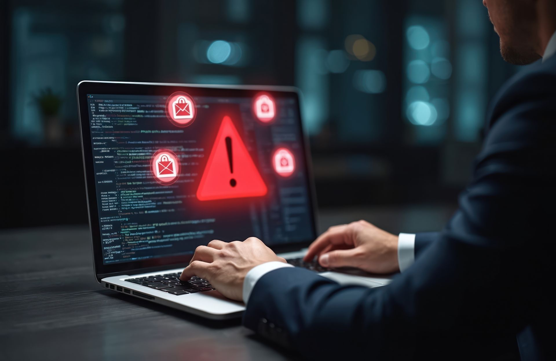 Ein Mann im Anzug tippt auf einem Laptop , auf dessen Bildschirm ein rotes Warnschild angezeigt wird.