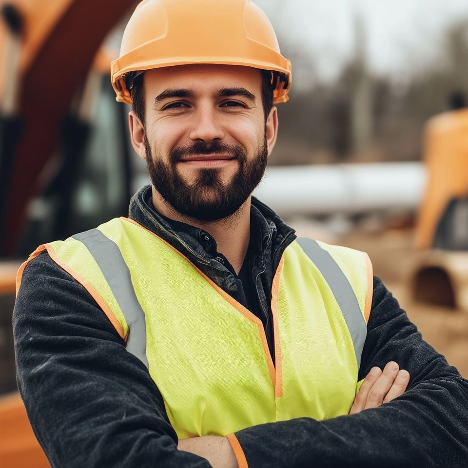Ein Mann mit Schutzhelm und Sicherheitsweste steht mit verschränkten Armen da