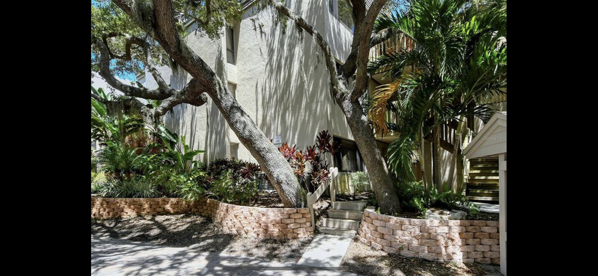 A white building with a lot of trees in front of it