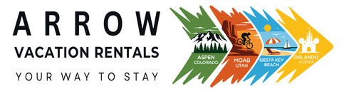 Logo for Arrow Vacation Rentals, with a stylized arrow above the text.