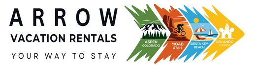 Logo for Arrow Vacation Rentals, with a stylized arrow above the text.