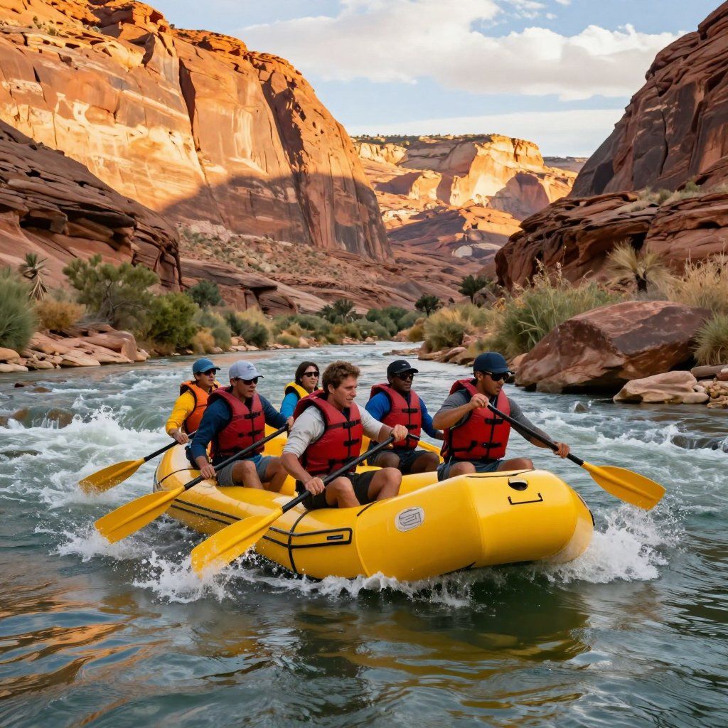 Rafters paddle a yellow raft through rapids in a canyon.