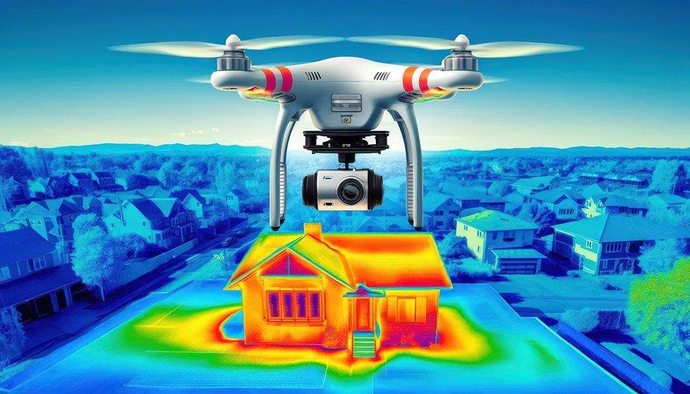 Ein Wärmebild eines Hauses, über das eine Drohne fliegt.