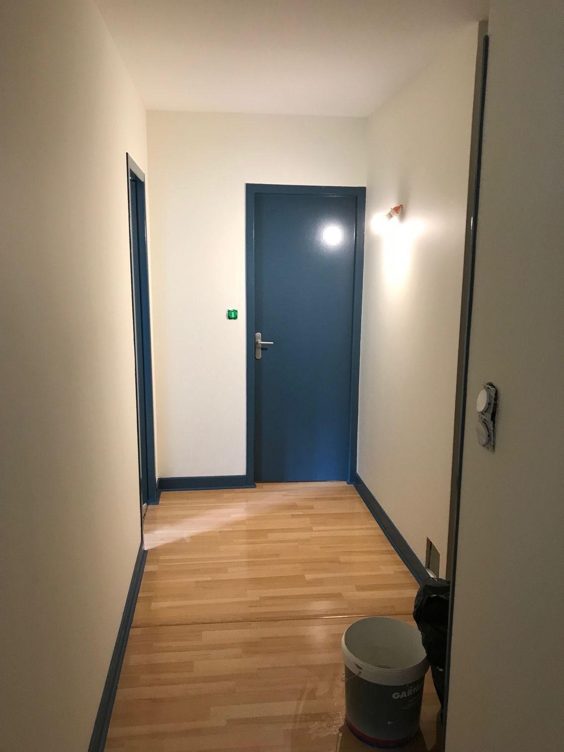 Couloir étroit avec parquet clair, porte bleue et murs blancs.