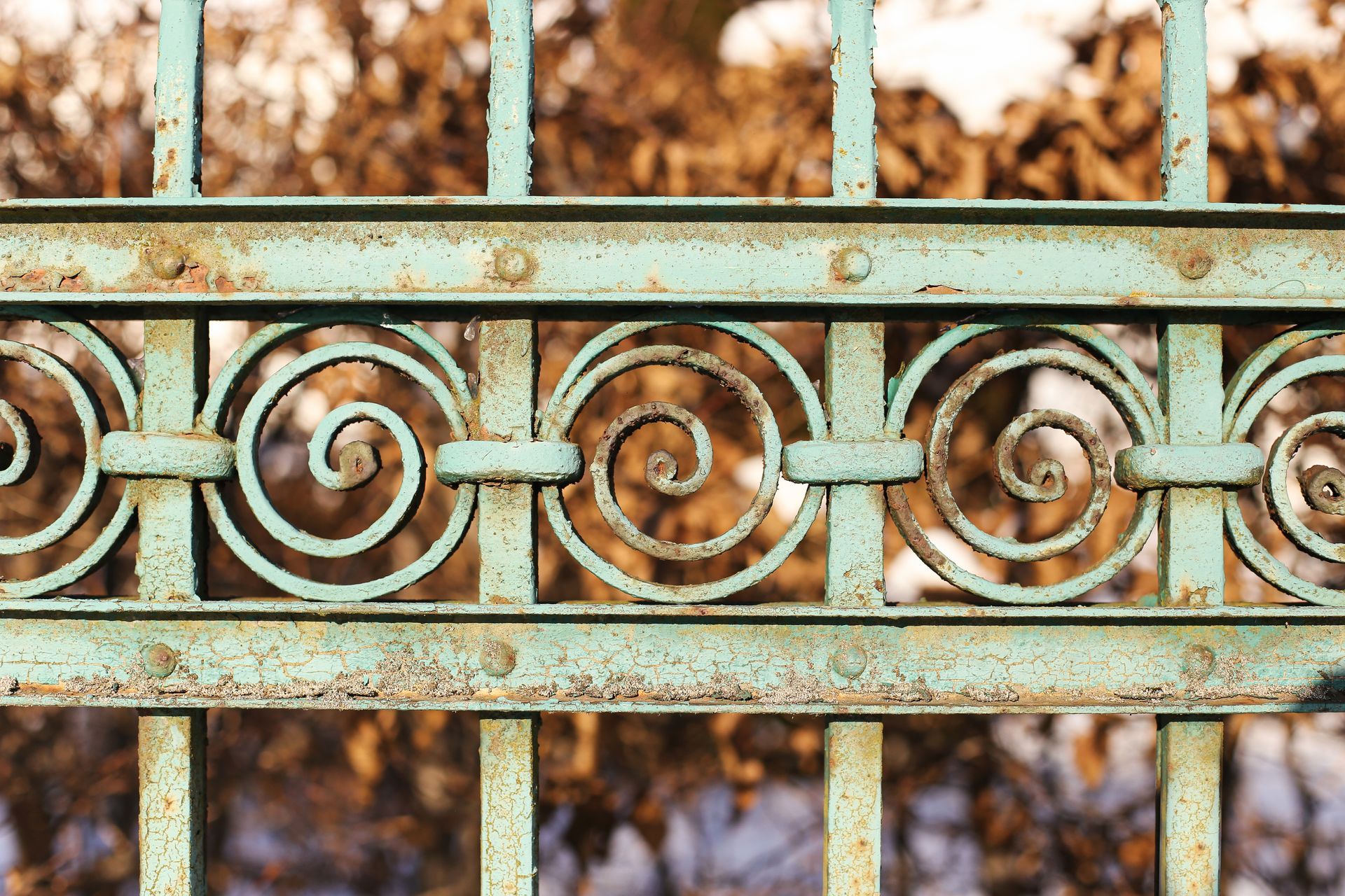 Clôture en fer forgé turquoise patiné, ornée de détails en spirale, à l'extérieur, devant des arbres aux contours flous.