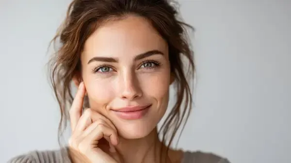 Una mujer de cabello castaño sonríe, tocándose la cara, sobre un fondo neutro.