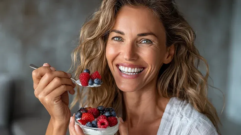 Mujer sonriente comiendo yogur con frutos rojos dentro de un plan de nutrici&oacute;n antienvejecimiento para mejorar la salud y el aspecto de la piel.