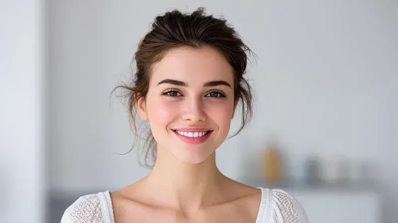 Mujer con cabello oscuro recogido en un moño desordenado, sonriendo, vistiendo una blusa blanca, en el interior.