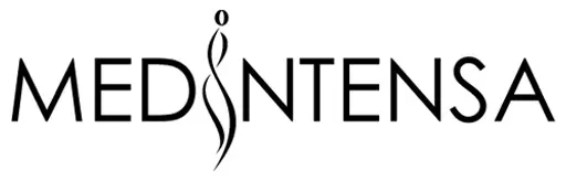 Logotipo con &ldquo;MED&rdquo; y &ldquo;NTENSA&rdquo; separados por una forma estilizada y fluida con un peque&ntilde;o c&iacute;rculo en la parte superior.