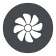 Icono de ventilador, aspas de ventilador blancas sobre un círculo gris.