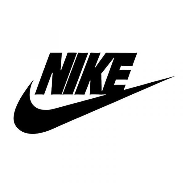 Ein schwarzweißes Nike-Logo auf weißem Hintergrund.