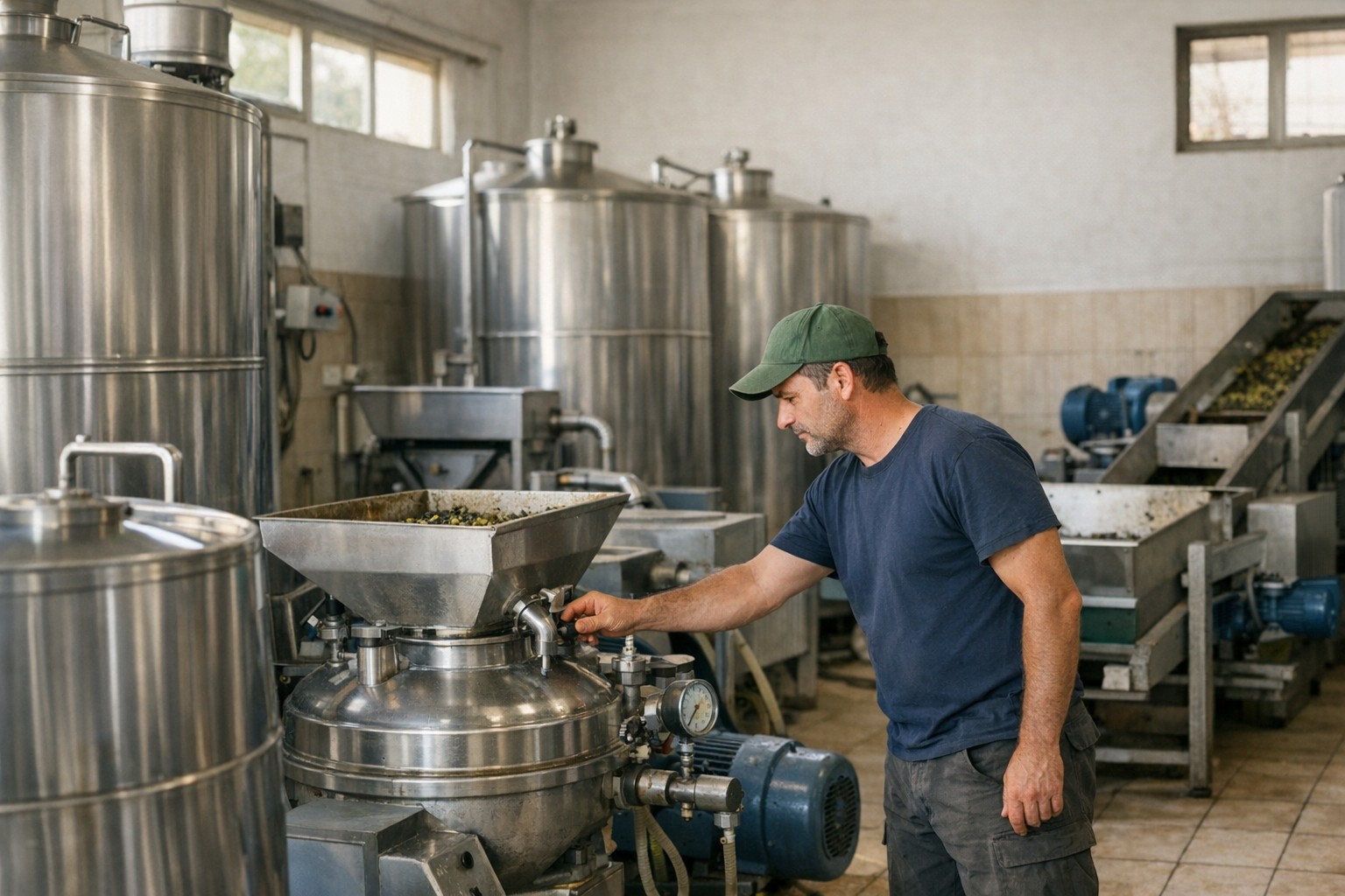 Trabajador operando maquinaria de acero inoxidable para la elaboración de cerveza en una fábrica de cerveza.