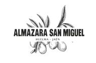 Logotipo de Almazara San Miguel en Huelma, Ja&eacute;n, con una ilustraci&oacute;n en blanco y negro de ramas de olivo y frutos.