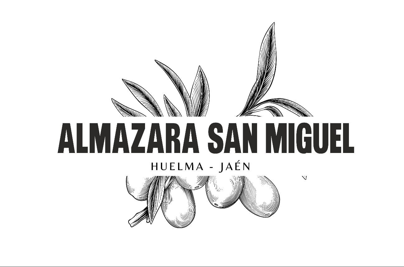 Logotipo de Almazara San Miguel en Huelma, Jaén, con una ilustración en blanco y negro de ramas de olivo y frutos.