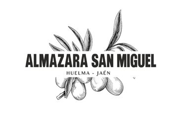 Logotipo de Almazara San Miguel en Huelma, Ja&eacute;n, con una ilustraci&oacute;n en blanco y negro de ramas de olivo y frutos.
