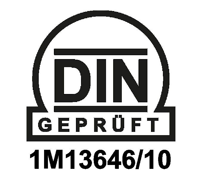 Ein DIN-Geprüft-Prüfzeichen mit der Registrierungsnummer 1M13646/10 in Schwarz auf weißem Hintergrund.