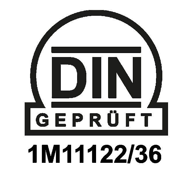 DIN-Geprüft-Prüfzeichen mit der Registrierungsnummer 1M1122/36 in schwarzer Schrift auf weißem Hintergrund.