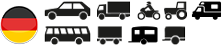 Ein Symbol der deutschen Flagge neben Symbolen eines Autos, Lastwagens, Motorrads, Traktors, Lieferwagens, Busses und dreier Arten von Anhängern.